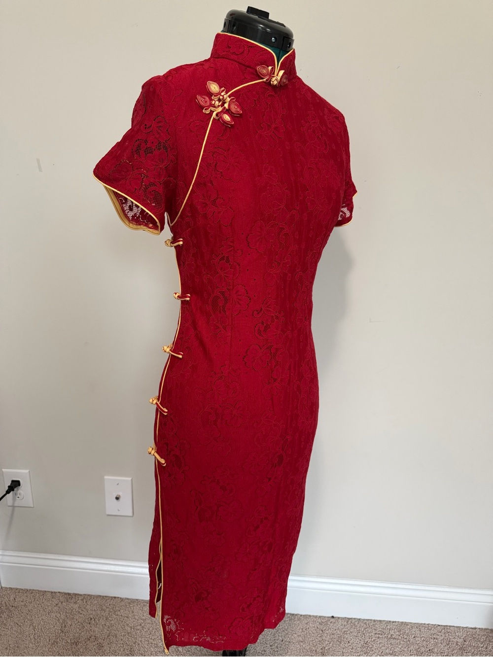 Red Lace Cheongsam Qipao Dress with Gold Trim